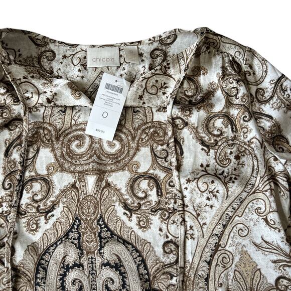 Chicos Precious Medallion Louise Peasant Top Size 0 US S Tassel Split Neck NEW - Picture 2 of 5